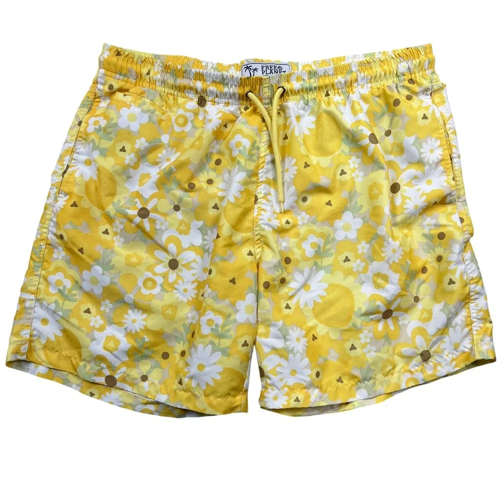 Free Planet Swim Trunks Mens XL Yellow Floral Retro Board Shorts 6in Inseam